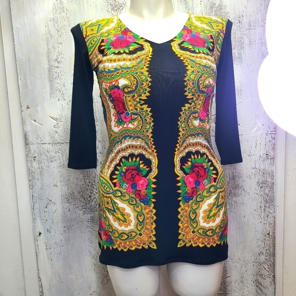 Eva Varro Black Floral Rose Print V 3/4 Sleeve Tun